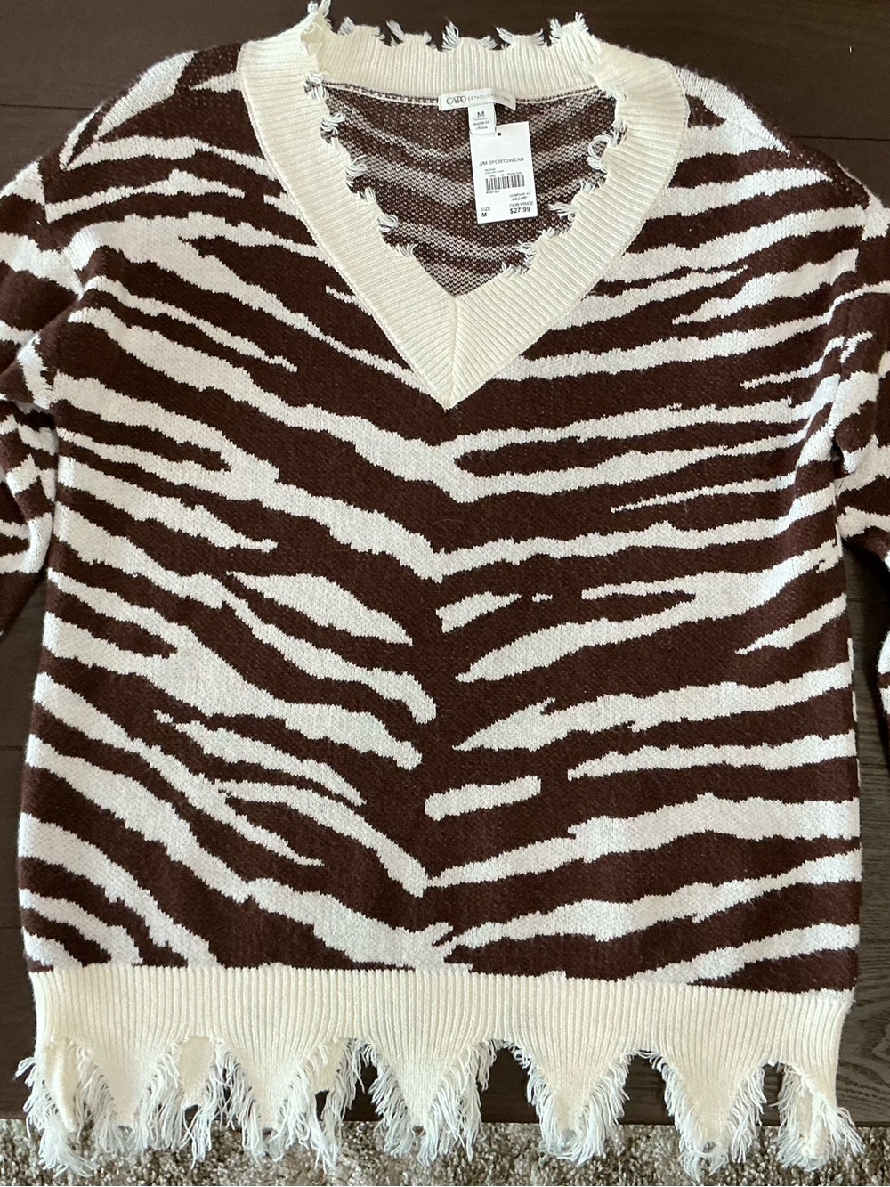 Cato Brown and Cream Zebra-Print V‑Neck Sweater with Frayed Hem
